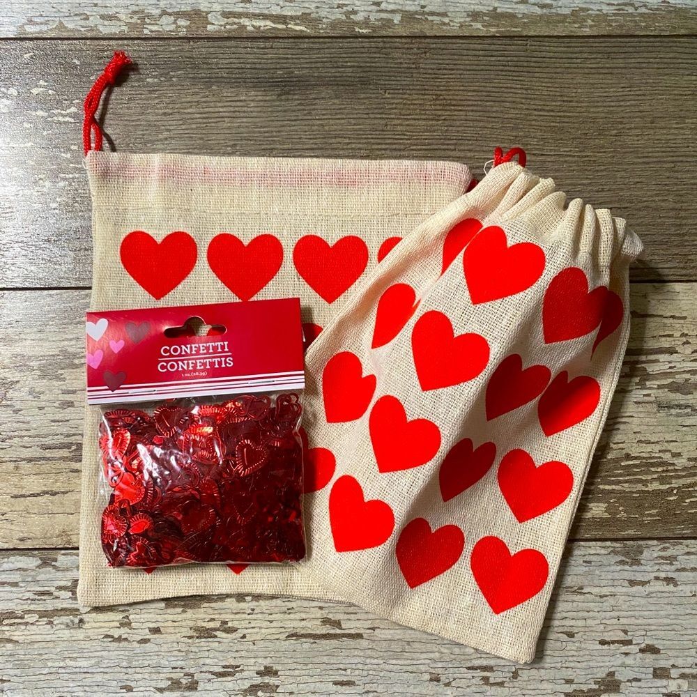 5/$25 Burlap Fabric Heart Print Gift Bags x2 and Heart Confetti Glitter NEW